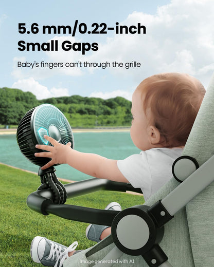 Oscillating Baby Stroller Fan with LED Lights, Rechargeable Black