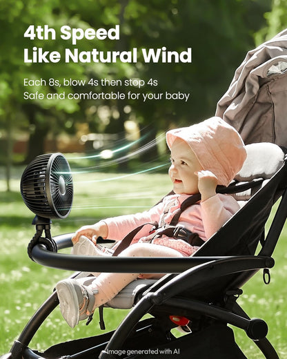 Oscillating Baby Stroller Fan with LED Lights, Rechargeable Black