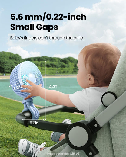 Oscillating Baby Stroller Fan with LED Lights, Rechargeable Black