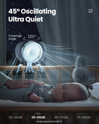 Oscillating Baby Stroller Fan with LED Lights, Rechargeable Black