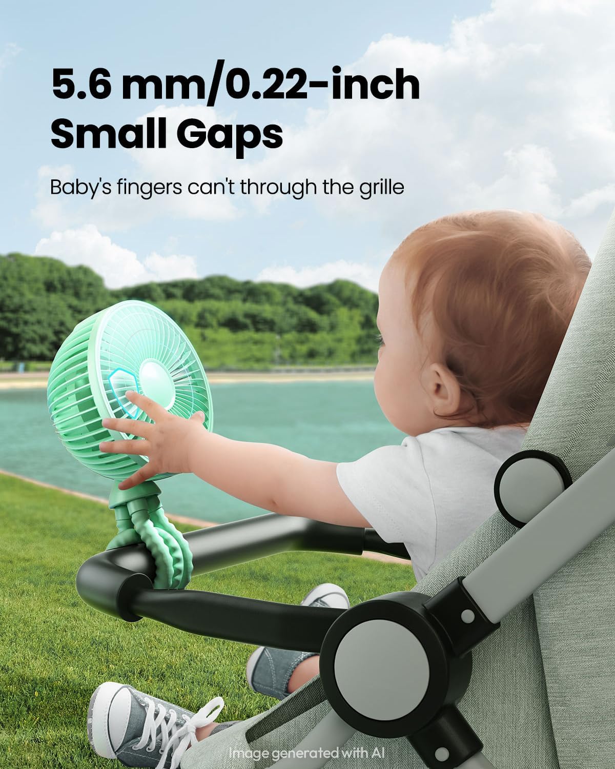 Oscillating Baby Stroller Fan with LED Lights, Rechargeable Black
