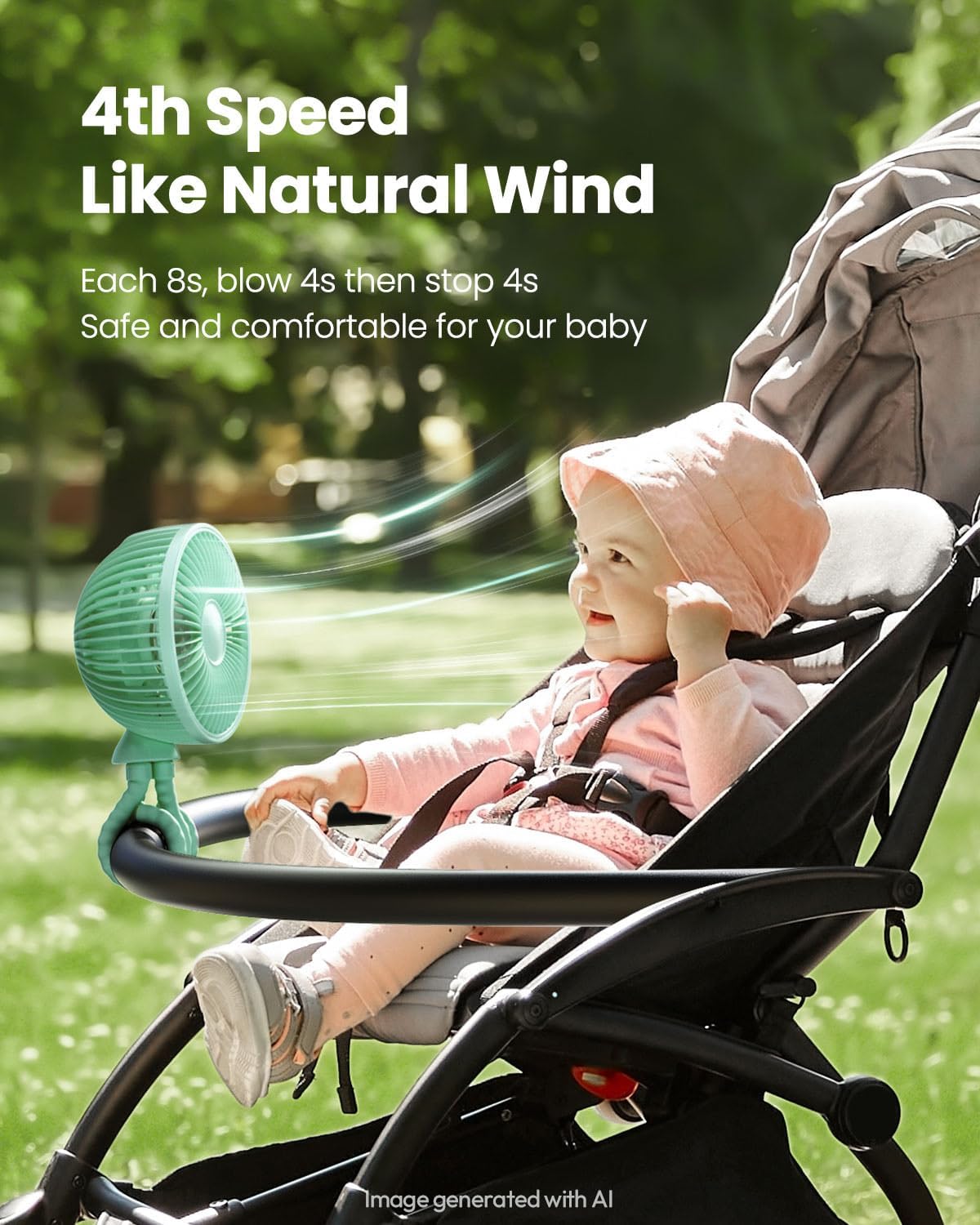 Oscillating Baby Stroller Fan with LED Lights, Rechargeable Black