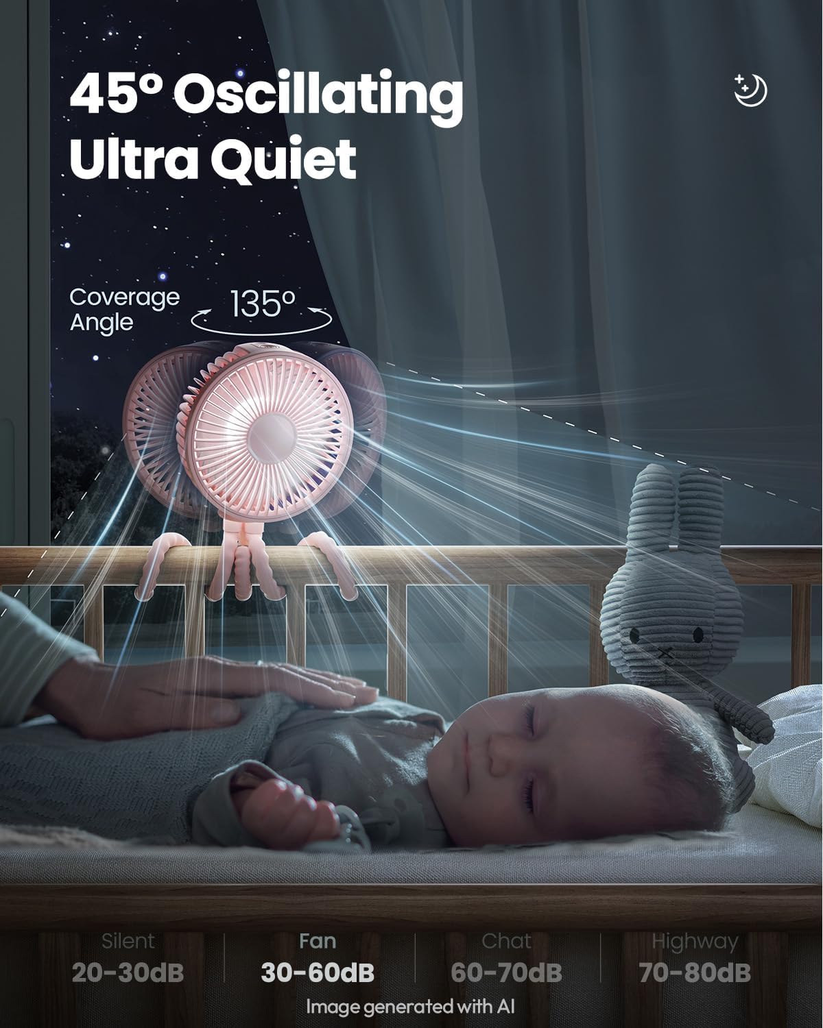 Oscillating Baby Stroller Fan with LED Lights, Rechargeable Black
