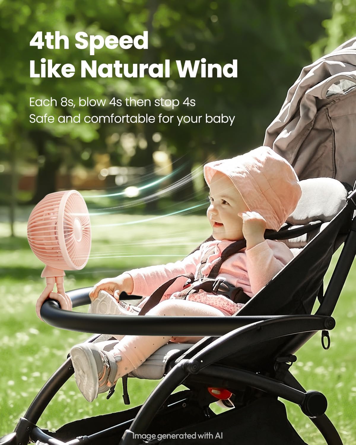 Oscillating Baby Stroller Fan with LED Lights, Rechargeable Black