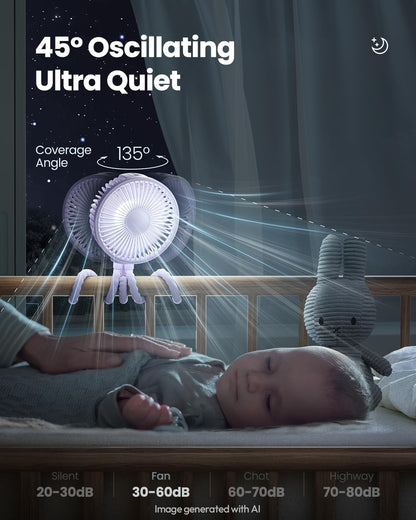 Oscillating Baby Stroller Fan with LED Lights, Rechargeable Black