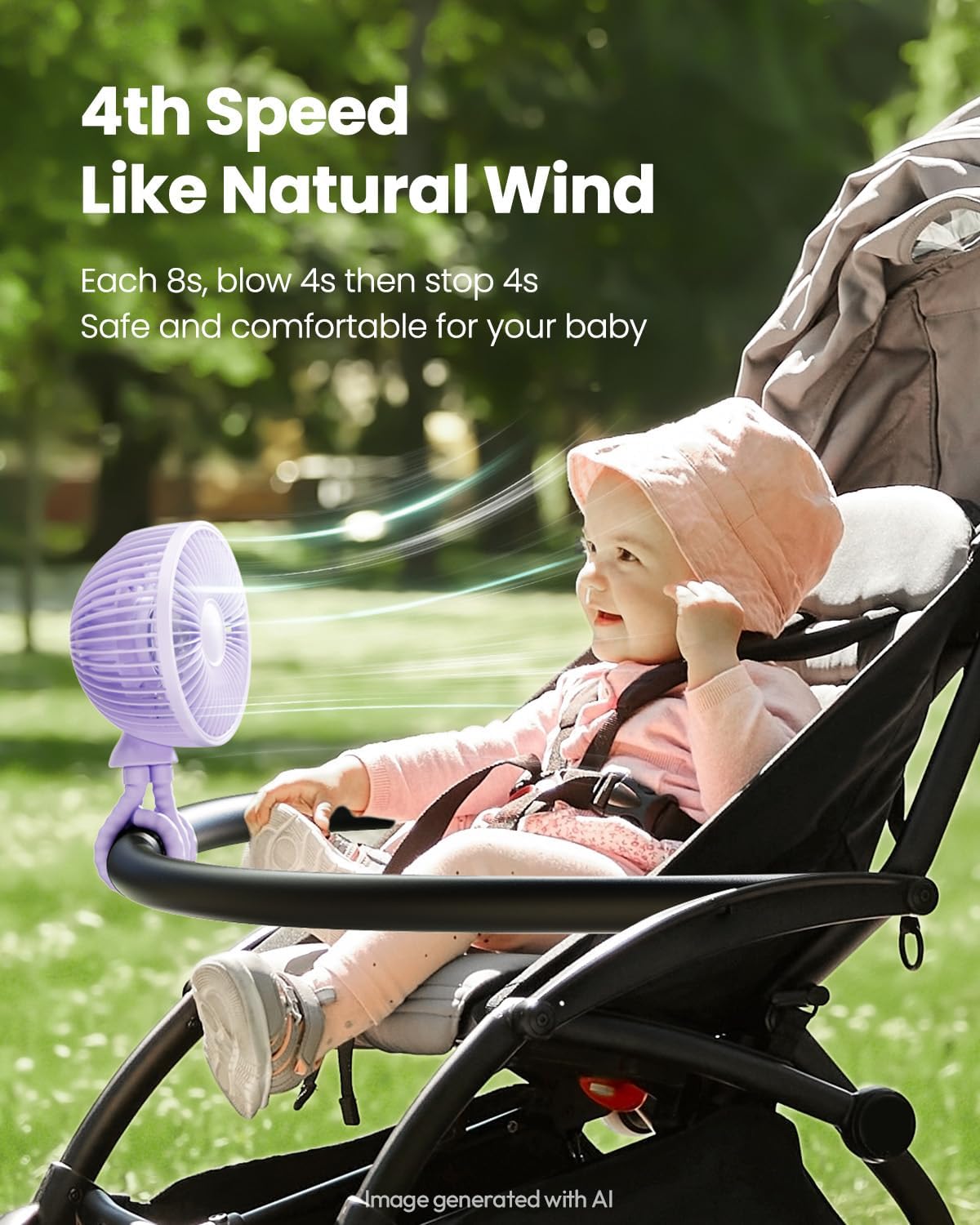 Oscillating Baby Stroller Fan with LED Lights, Rechargeable Black