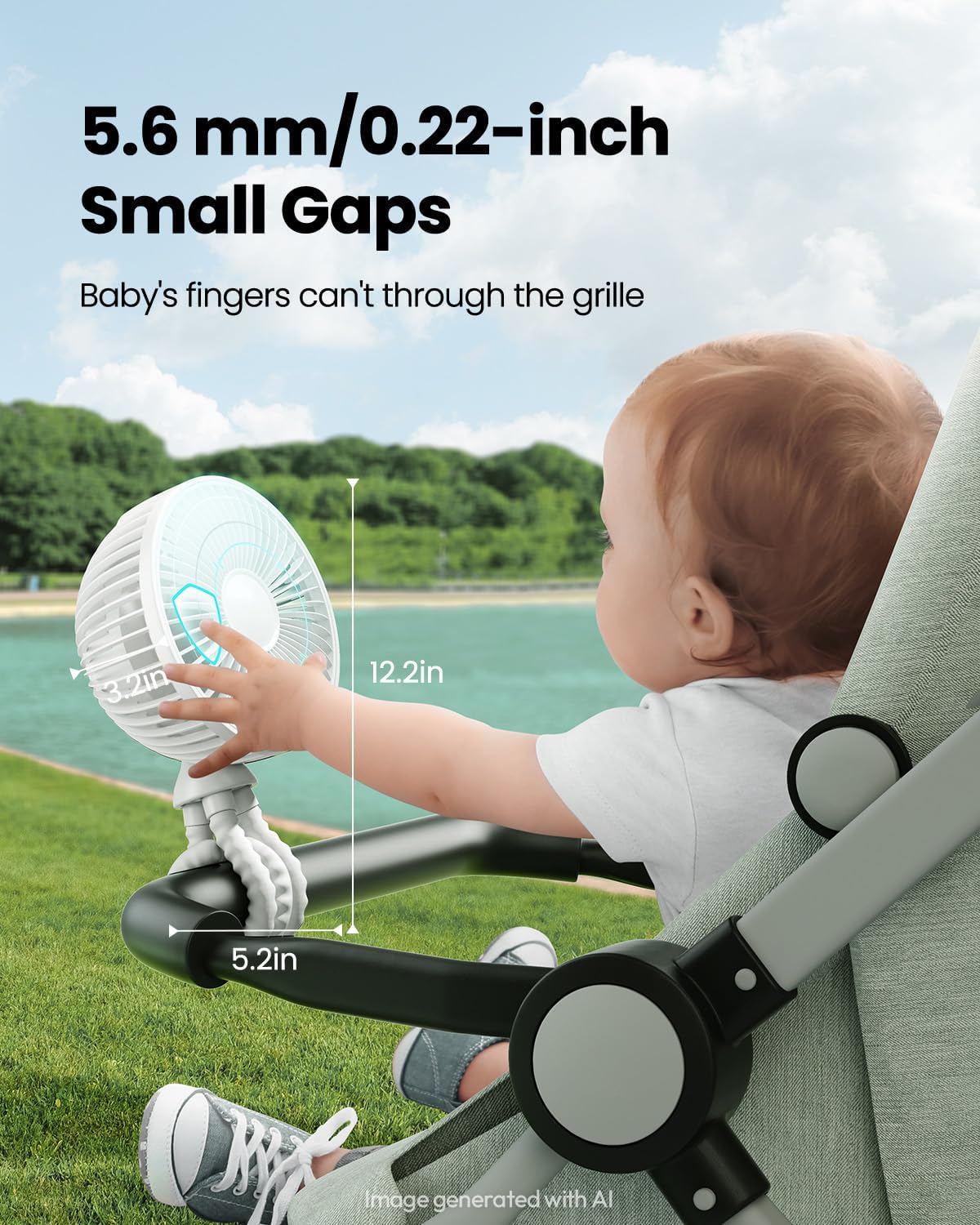 Oscillating Baby Stroller Fan with LED Lights, Rechargeable Black
