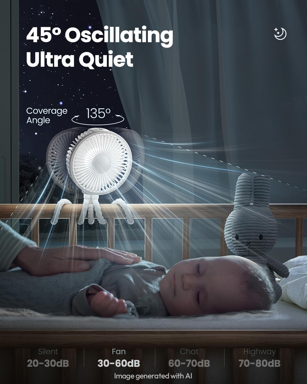 Oscillating Baby Stroller Fan with LED Lights, Rechargeable Black