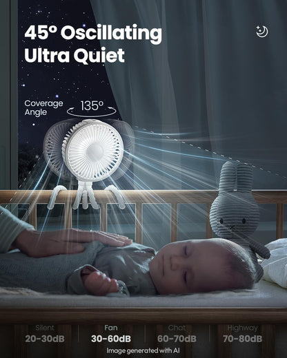 Oscillating Baby Stroller Fan with LED Lights, Rechargeable Black