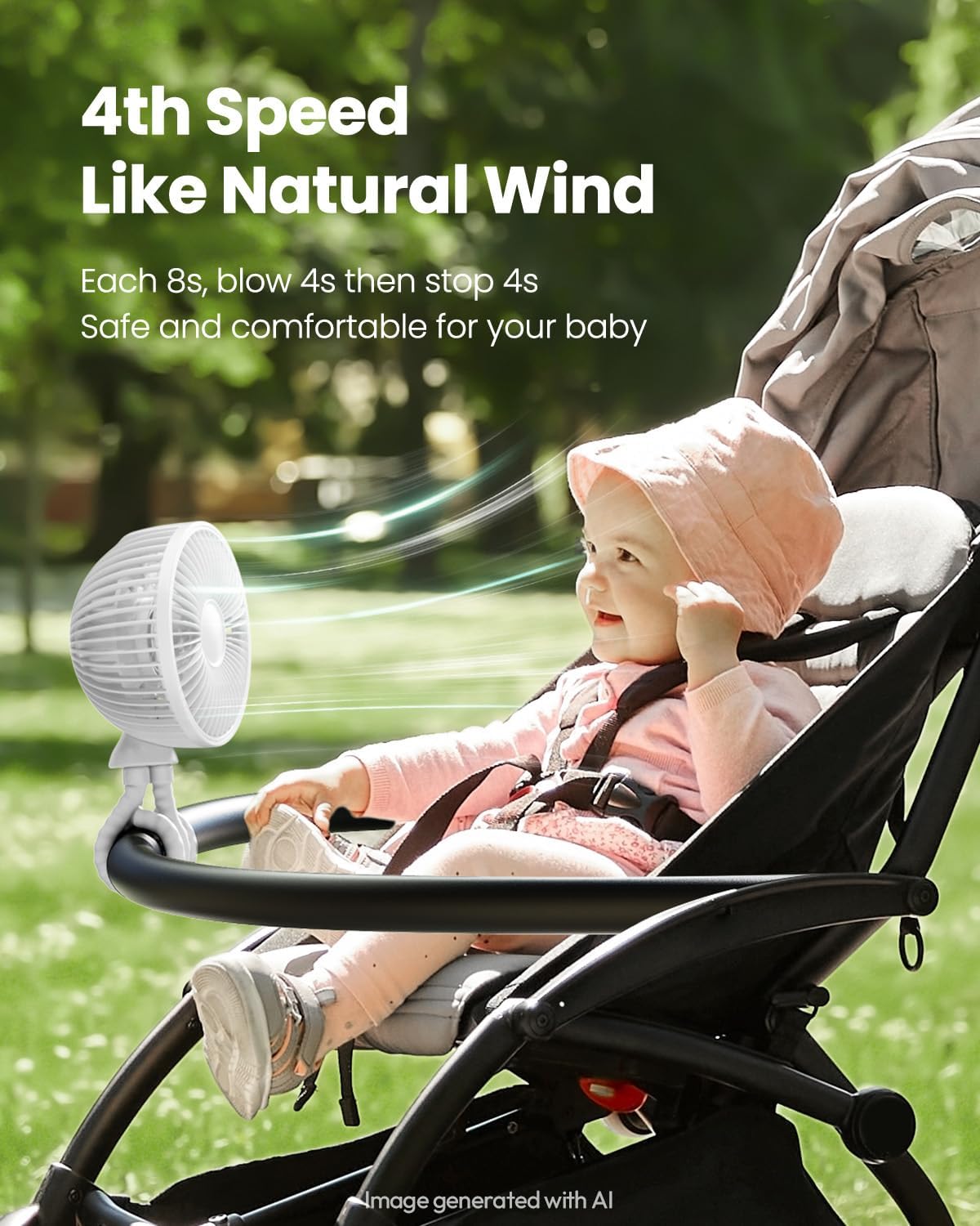 Oscillating Baby Stroller Fan with LED Lights, Rechargeable Black