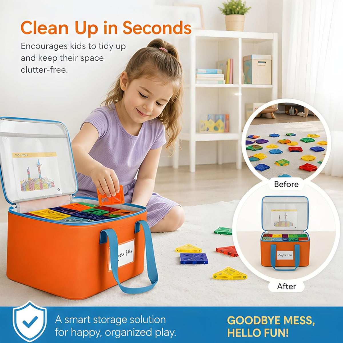 Visible Toy Storage Bag for Building Blocks, Clear Top Zippered Organizer Tote with Carry Handles for Room to Room Cleanup At Home Building Block Organizer Tote Clear Top Toy Bag Playroom