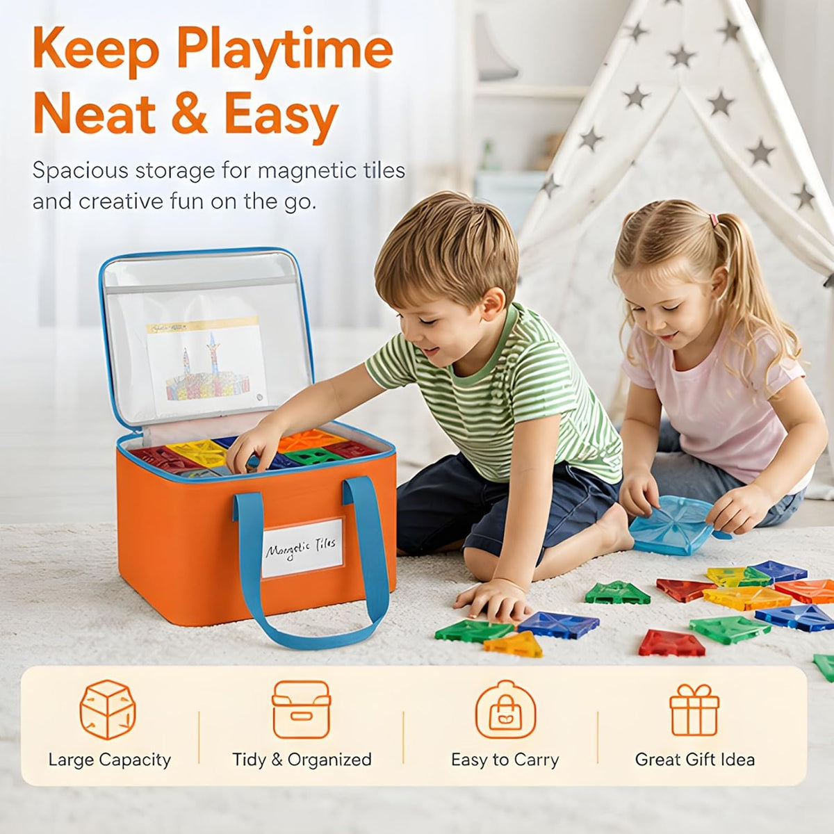 Visible Toy Storage Bag for Building Blocks, Clear Top Zippered Organizer Tote with Carry Handles for Room to Room Cleanup At Home Building Block Organizer Tote Clear Top Toy Bag Playroom