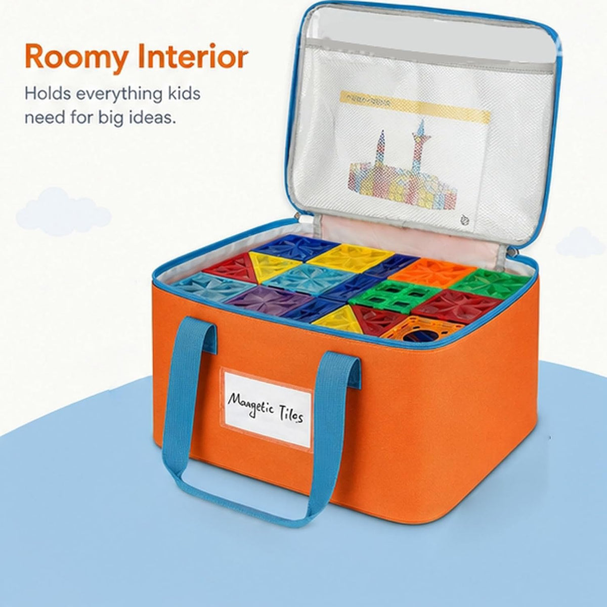 Visible Toy Storage Bag for Building Blocks, Clear Top Zippered Organizer Tote with Carry Handles for Room to Room Cleanup At Home Building Block Organizer Tote Clear Top Toy Bag Playroom