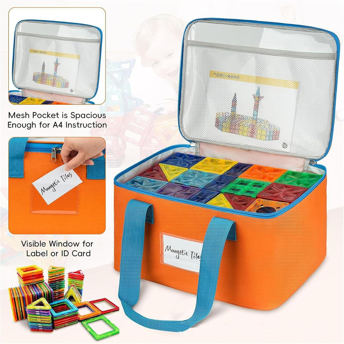 Visible Toy Storage Bag for Building Blocks, Clear Top Zippered Organizer Tote with Carry Handles for Room to Room Cleanup At Home Building Block Organizer Tote Clear Top Toy Bag Playroom