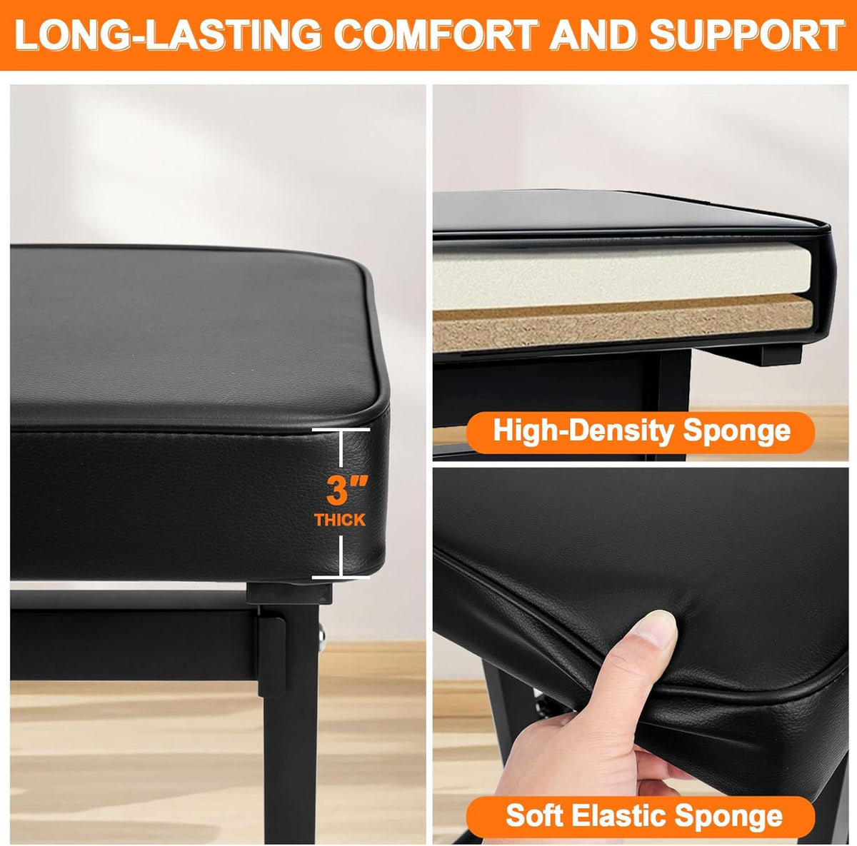Adjustable Piano Bench 18.11" to 22.83", Durable Piano Stool with PVC Leather, Portable Keyboard Bench with Padded Cushion for Musicians Piano Stool Chair (Capacity: 260 lb)