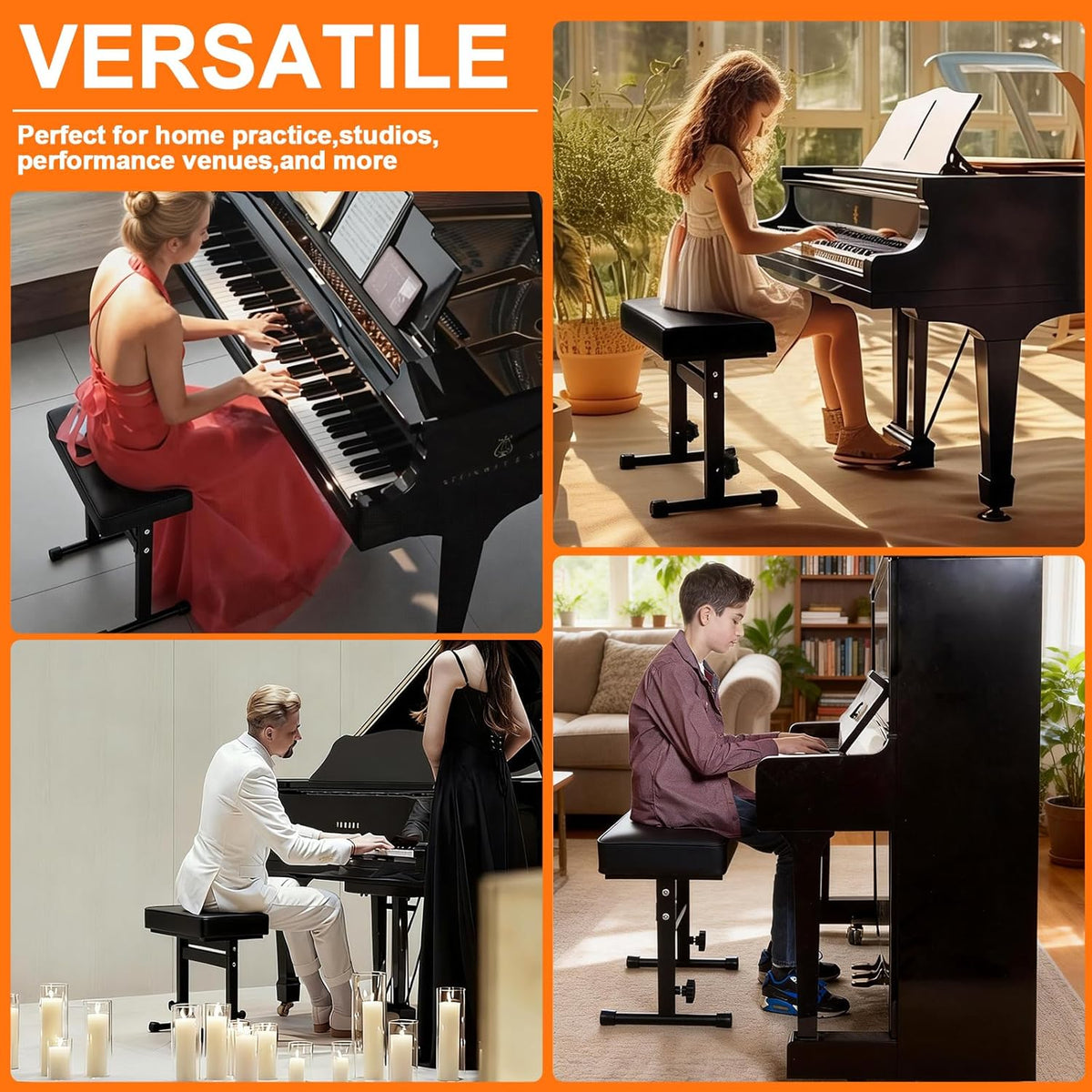 Adjustable Piano Bench 18.11" to 22.83", Durable Piano Stool with PVC Leather, Portable Keyboard Bench with Padded Cushion for Musicians Piano Stool Chair (Capacity: 260 lb)