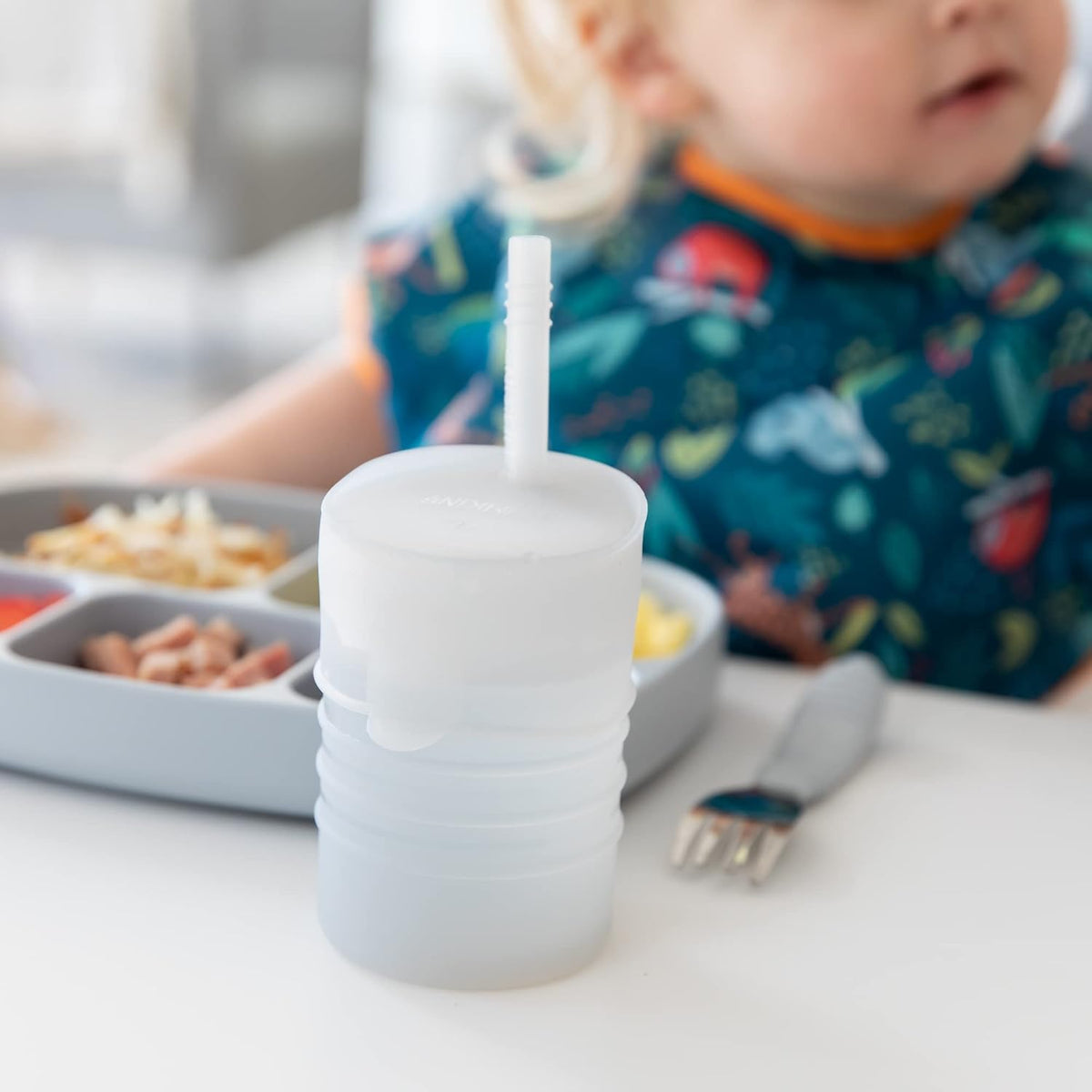 Baby and Toddler Cups, Sippy Cup with Straw, Spill Proof, Transition Cup for Babies Ages 1 Year, Safely Sip from Lid, Straw or Cup, First Year Supplies, Platinum Silicone, Holds 7oz, Gray