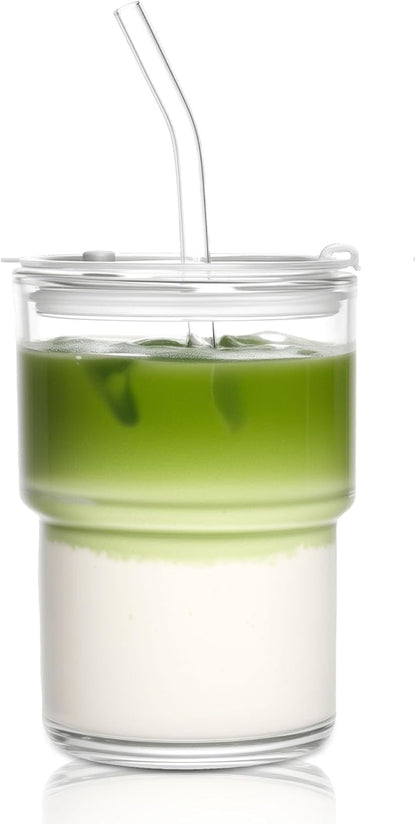 15oz Iced Coffee Cups with Lids Reusable,1Pcs Glass Matcha Cups,Glass Cups with Lids and Straws,Clear Glass Coffee Tumbler for Drinking Water,Tea,Juice