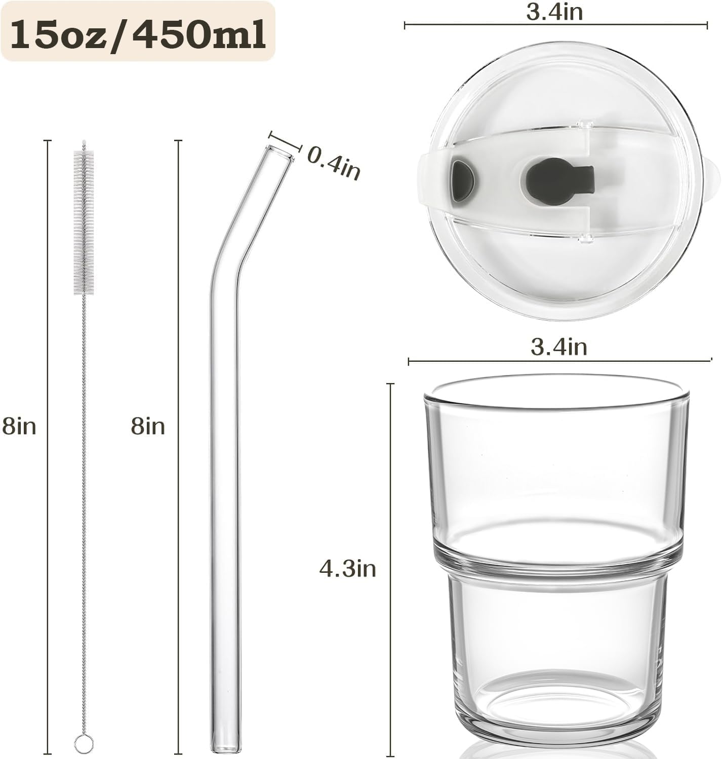 15oz Iced Coffee Cups with Lids Reusable,1Pcs Glass Matcha Cups,Glass Cups with Lids and Straws,Clear Glass Coffee Tumbler for Drinking Water,Tea,Juice