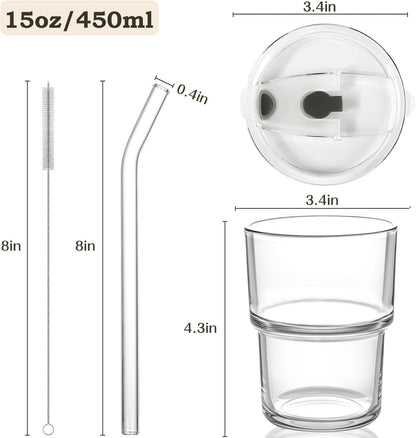 15oz Iced Coffee Cups with Lids Reusable,1Pcs Glass Matcha Cups,Glass Cups with Lids and Straws,Clear Glass Coffee Tumbler for Drinking Water,Tea,Juice