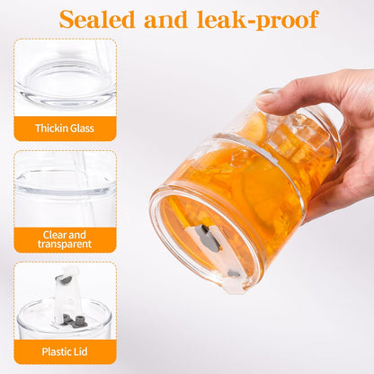 15oz Iced Coffee Cups with Lids Reusable,1Pcs Glass Matcha Cups,Glass Cups with Lids and Straws,Clear Glass Coffee Tumbler for Drinking Water,Tea,Juice