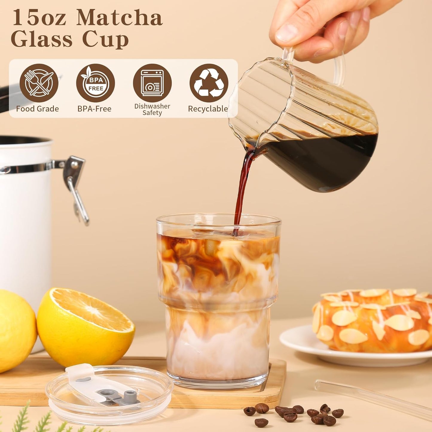 15oz Iced Coffee Cups with Lids Reusable,1Pcs Glass Matcha Cups,Glass Cups with Lids and Straws,Clear Glass Coffee Tumbler for Drinking Water,Tea,Juice