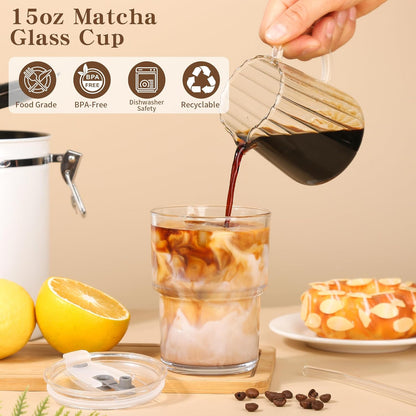 15oz Iced Coffee Cups with Lids Reusable,1Pcs Glass Matcha Cups,Glass Cups with Lids and Straws,Clear Glass Coffee Tumbler for Drinking Water,Tea,Juice