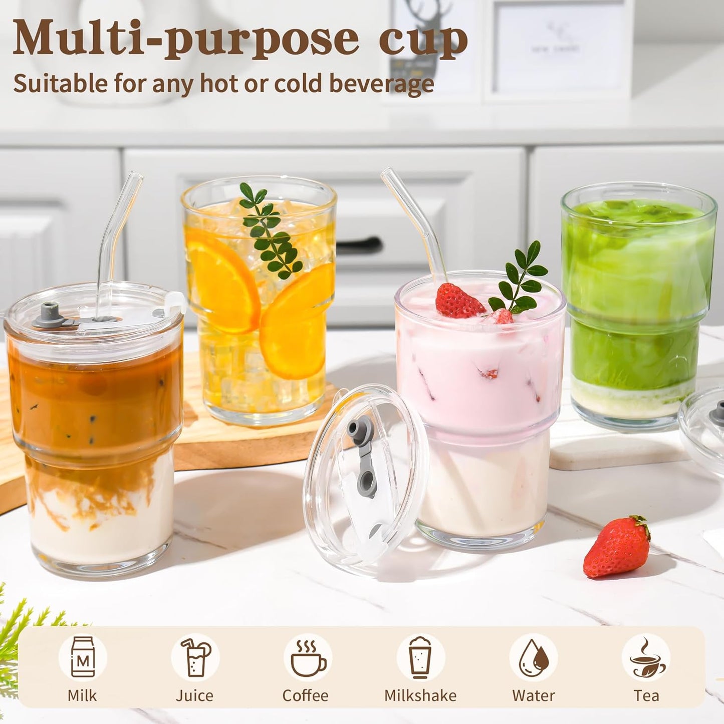 15oz Iced Coffee Cups with Lids Reusable,1Pcs Glass Matcha Cups,Glass Cups with Lids and Straws,Clear Glass Coffee Tumbler for Drinking Water,Tea,Juice