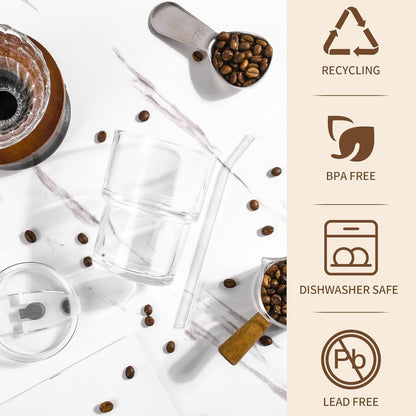 15oz Iced Coffee Cups with Lids Reusable,1Pcs Glass Matcha Cups,Glass Cups with Lids and Straws,Clear Glass Coffee Tumbler for Drinking Water,Tea,Juice