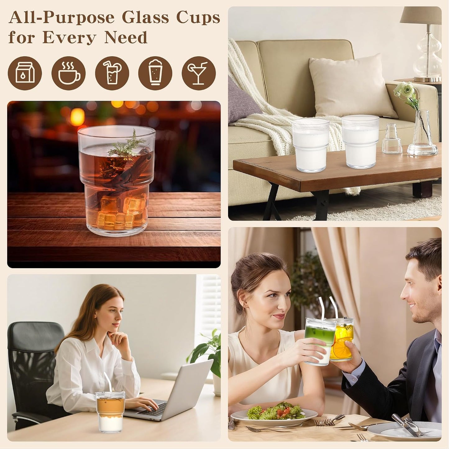15oz Iced Coffee Cups with Lids Reusable,1Pcs Glass Matcha Cups,Glass Cups with Lids and Straws,Clear Glass Coffee Tumbler for Drinking Water,Tea,Juice