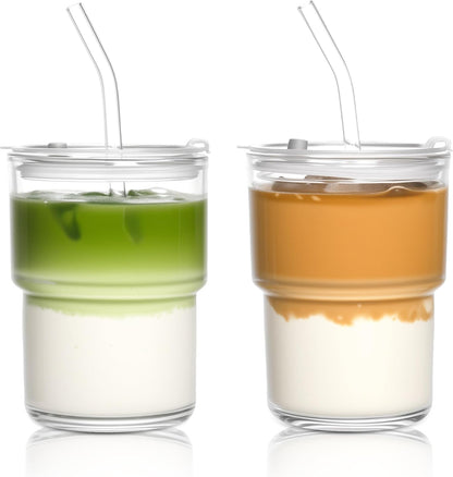 15oz Iced Coffee Cups with Lids Reusable,1Pcs Glass Matcha Cups,Glass Cups with Lids and Straws,Clear Glass Coffee Tumbler for Drinking Water,Tea,Juice