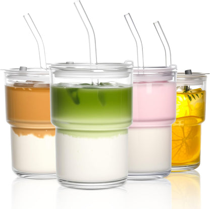 15oz Iced Coffee Cups with Lids Reusable,1Pcs Glass Matcha Cups,Glass Cups with Lids and Straws,Clear Glass Coffee Tumbler for Drinking Water,Tea,Juice