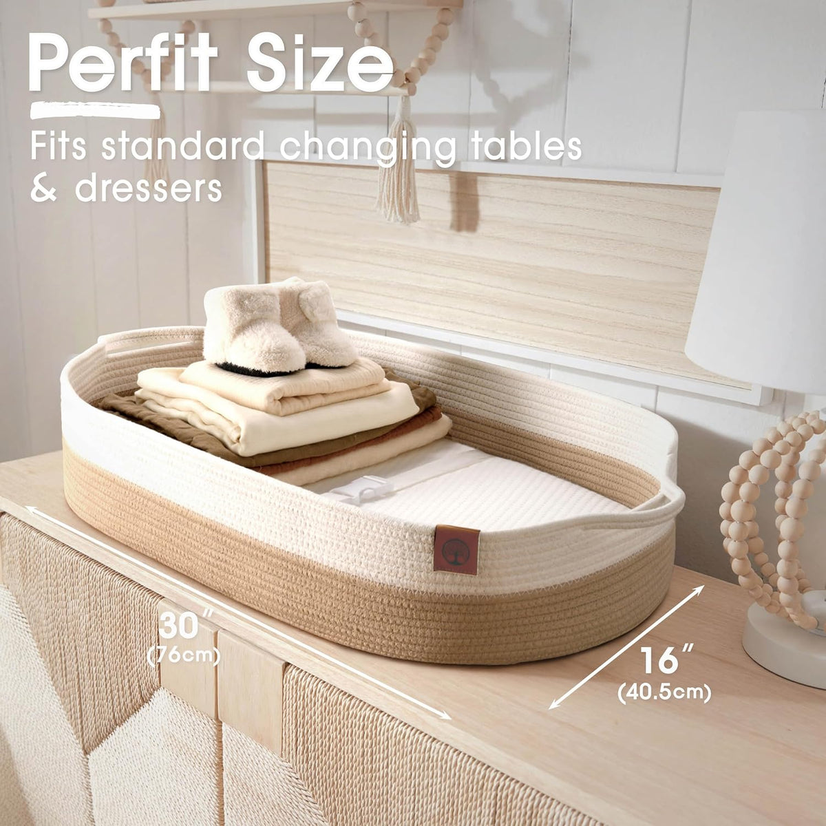 Baby Changing Basket Includes Diaper Caddy - Soft & Waterproof Dual-Cover, Portable, Changing Pad for Dresser & Changing Table, Gift for Baby Shower, Organic Cotton Rope