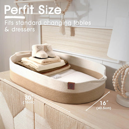 Baby Changing Basket Includes Diaper Caddy - Soft & Waterproof Dual-Cover, Portable, Changing Pad for Dresser & Changing Table, Gift for Baby Shower, Organic Cotton Rope