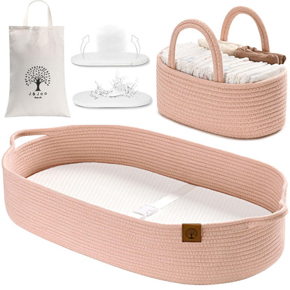 Baby Changing Basket Includes Diaper Caddy - Soft & Waterproof Dual-Cover, Portable, Changing Pad for Dresser & Changing Table, Gift for Baby Shower, Organic Cotton Rope