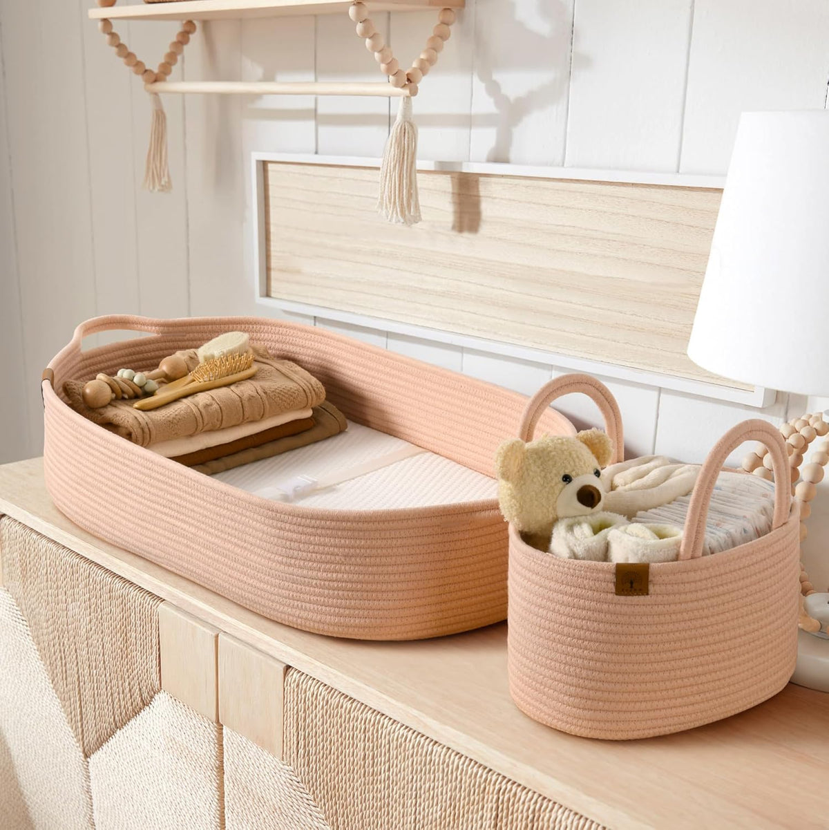 Baby Changing Basket Includes Diaper Caddy - Soft & Waterproof Dual-Cover, Portable, Changing Pad for Dresser & Changing Table, Gift for Baby Shower, Organic Cotton Rope