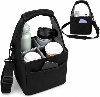Reusable Drink Carrier Tote Bag with Handle Family Size 4 Compartment Water Bottle Holder with Adjustable Shoulder Strap & Removable Dividers Multiple Tumbler Caddy for Car,Delivery,Family Outings