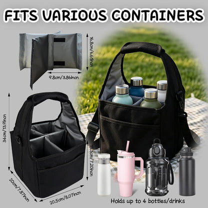 Reusable Drink Carrier Tote Bag with Handle Family Size 4 Compartment Water Bottle Holder with Adjustable Shoulder Strap & Removable Dividers Multiple Tumbler Caddy for Car,Delivery,Family Outings