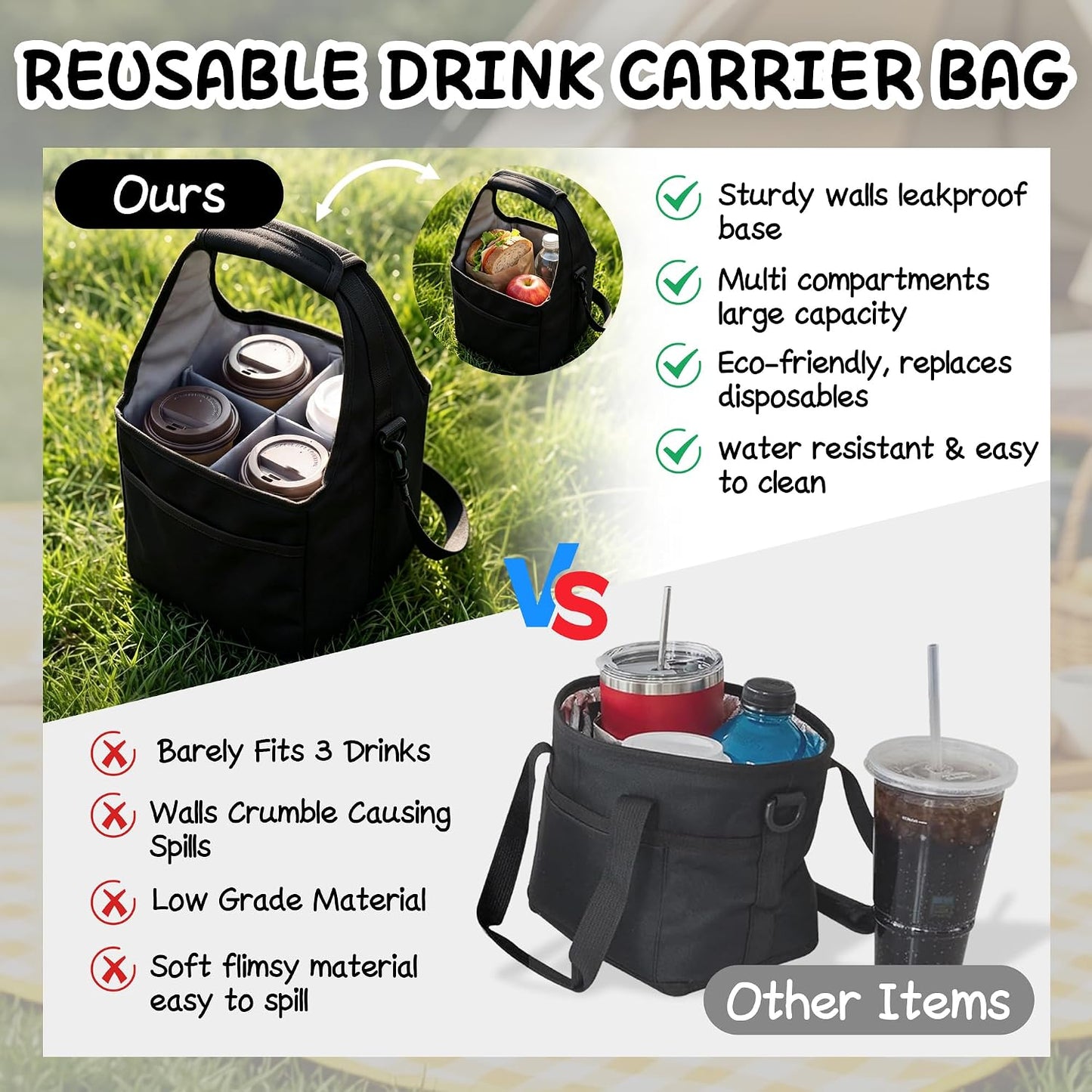 Reusable Drink Carrier Tote Bag with Handle Family Size 4 Compartment Water Bottle Holder with Adjustable Shoulder Strap & Removable Dividers Multiple Tumbler Caddy for Car,Delivery,Family Outings