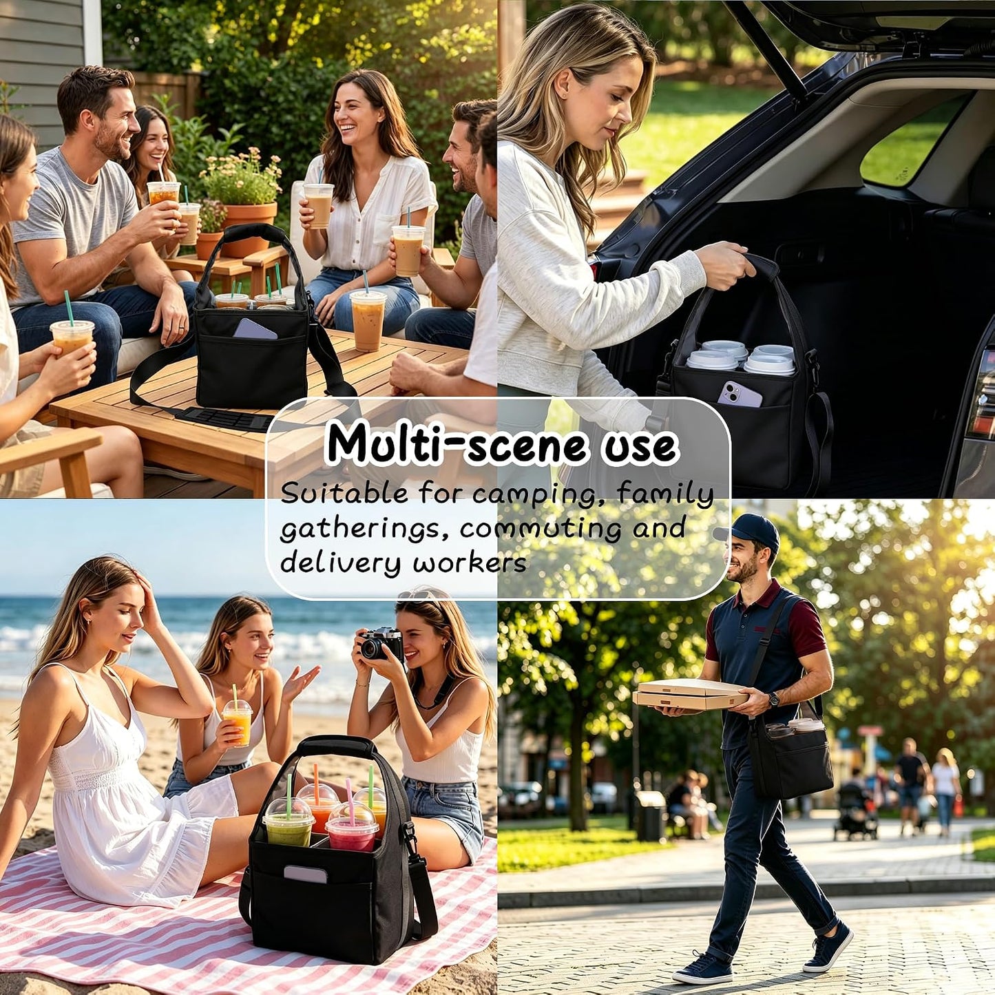 Reusable Drink Carrier Tote Bag with Handle Family Size 4 Compartment Water Bottle Holder with Adjustable Shoulder Strap & Removable Dividers Multiple Tumbler Caddy for Car,Delivery,Family Outings