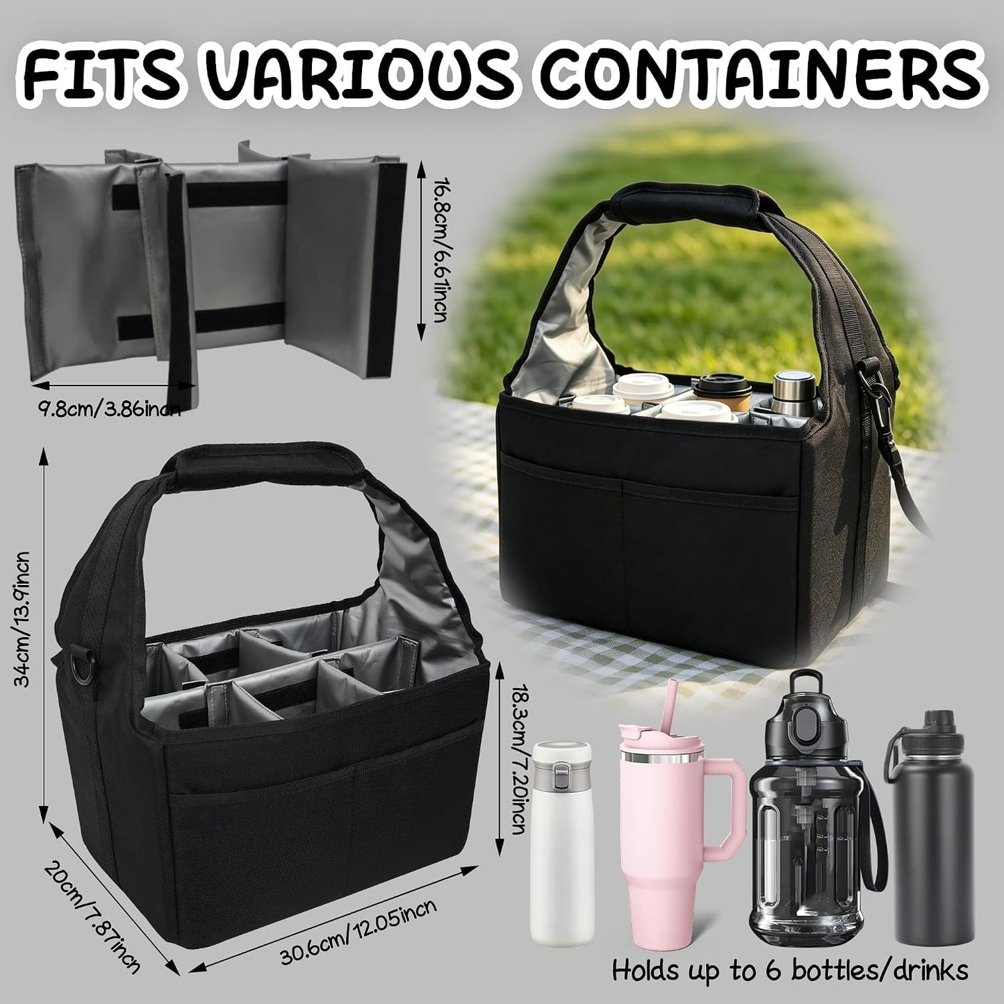 Reusable Drink Carrier Tote Bag with Handle Family Size 4 Compartment Water Bottle Holder with Adjustable Shoulder Strap & Removable Dividers Multiple Tumbler Caddy for Car,Delivery,Family Outings