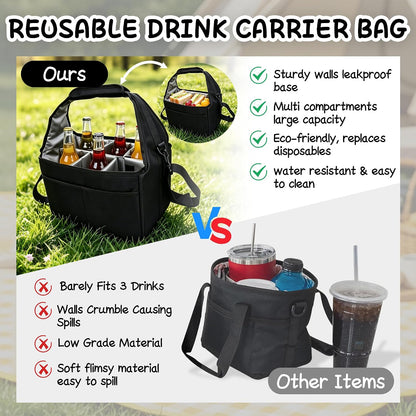 Reusable Drink Carrier Tote Bag with Handle Family Size 4 Compartment Water Bottle Holder with Adjustable Shoulder Strap & Removable Dividers Multiple Tumbler Caddy for Car,Delivery,Family Outings