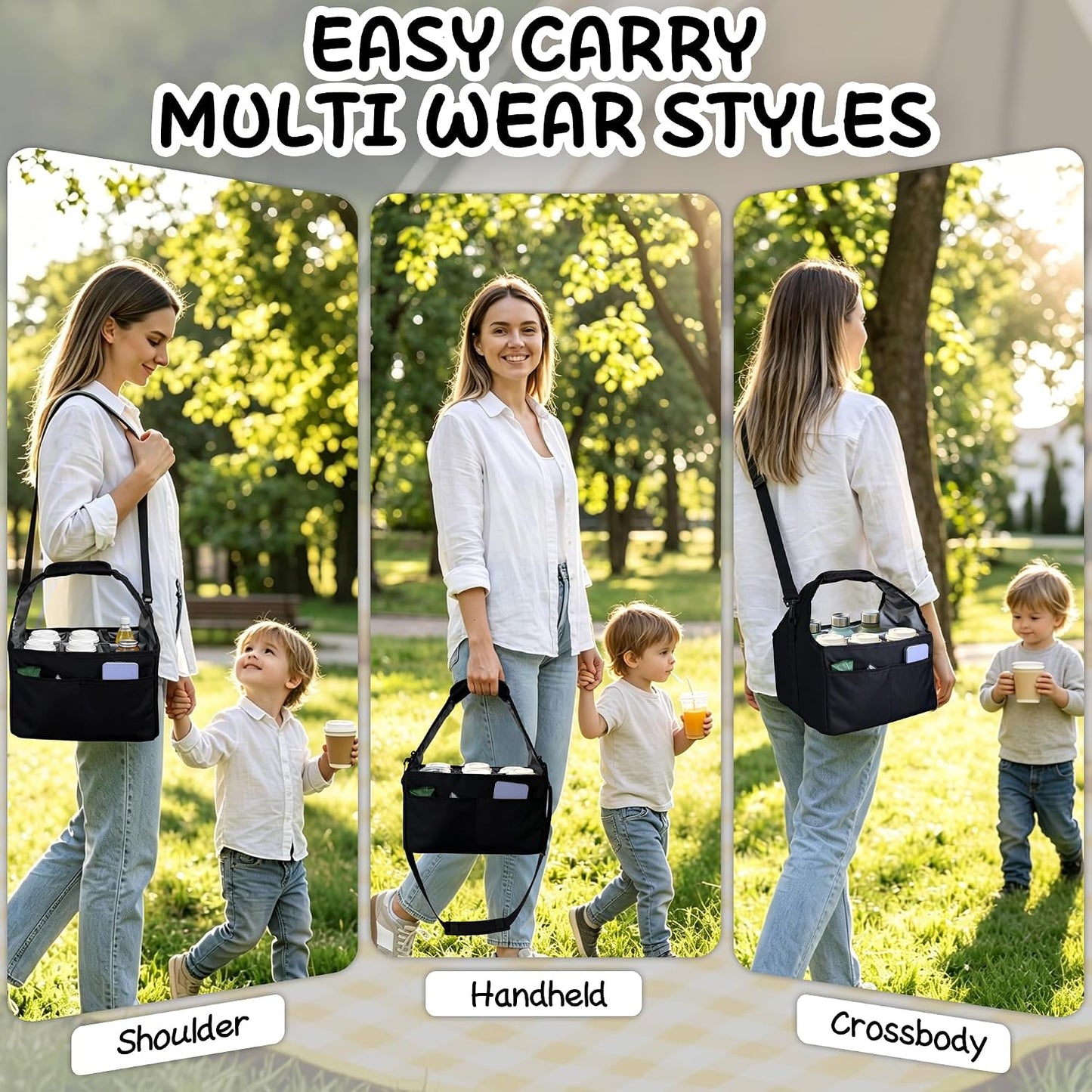 Reusable Drink Carrier Tote Bag with Handle Family Size 4 Compartment Water Bottle Holder with Adjustable Shoulder Strap & Removable Dividers Multiple Tumbler Caddy for Car,Delivery,Family Outings