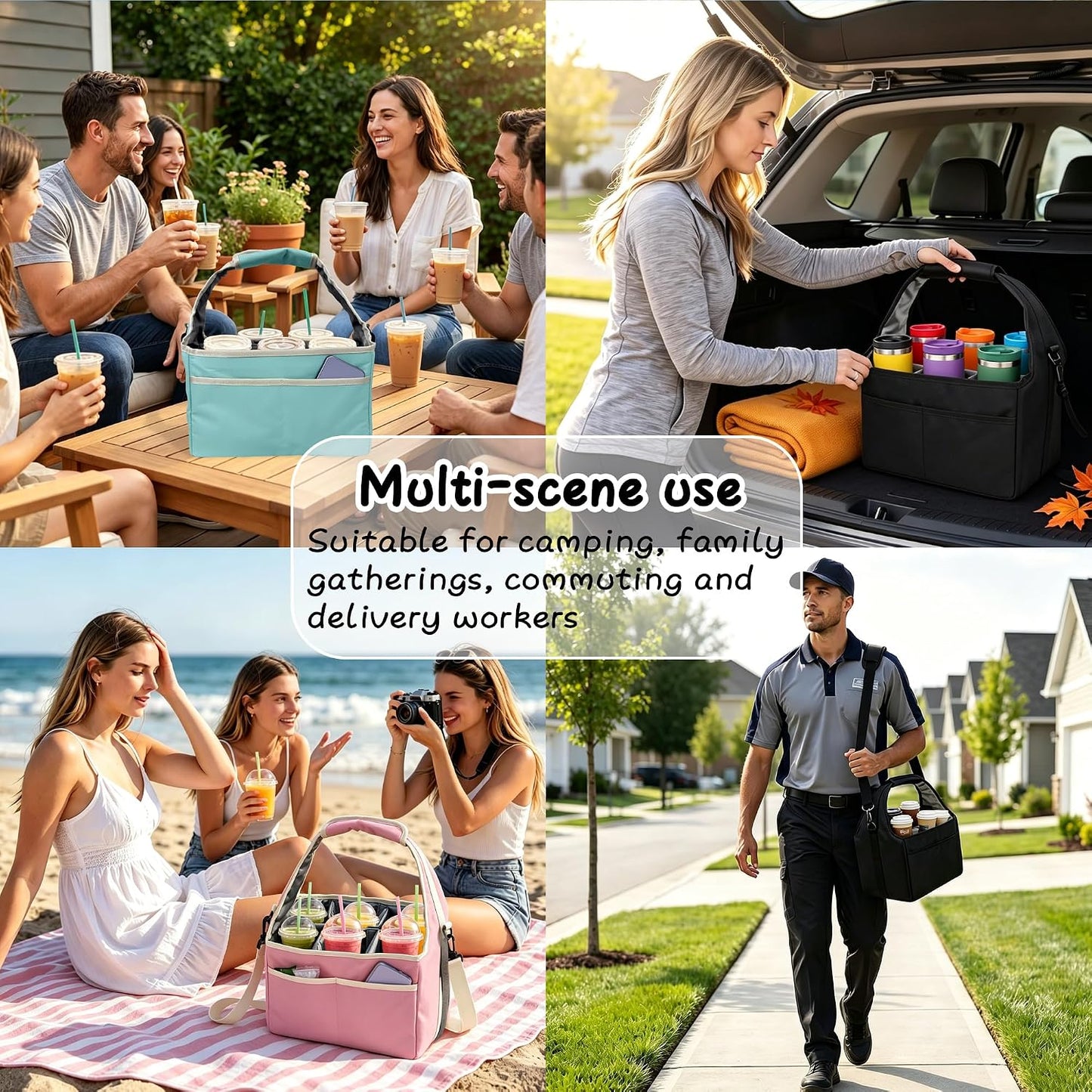Reusable Drink Carrier Tote Bag with Handle Family Size 4 Compartment Water Bottle Holder with Adjustable Shoulder Strap & Removable Dividers Multiple Tumbler Caddy for Car,Delivery,Family Outings