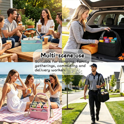 Reusable Drink Carrier Tote Bag with Handle Family Size 4 Compartment Water Bottle Holder with Adjustable Shoulder Strap & Removable Dividers Multiple Tumbler Caddy for Car,Delivery,Family Outings