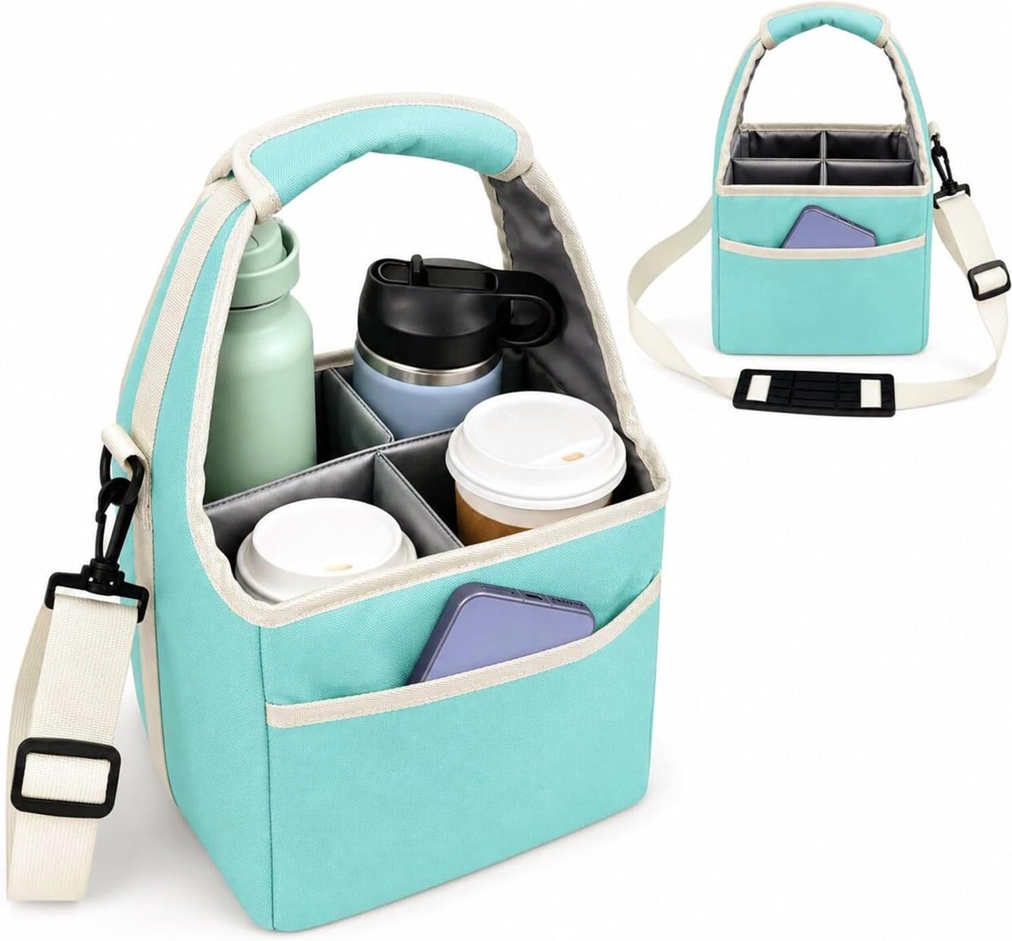 Reusable Drink Carrier Tote Bag with Handle Family Size 4 Compartment Water Bottle Holder with Adjustable Shoulder Strap & Removable Dividers Multiple Tumbler Caddy for Car,Delivery,Family Outings