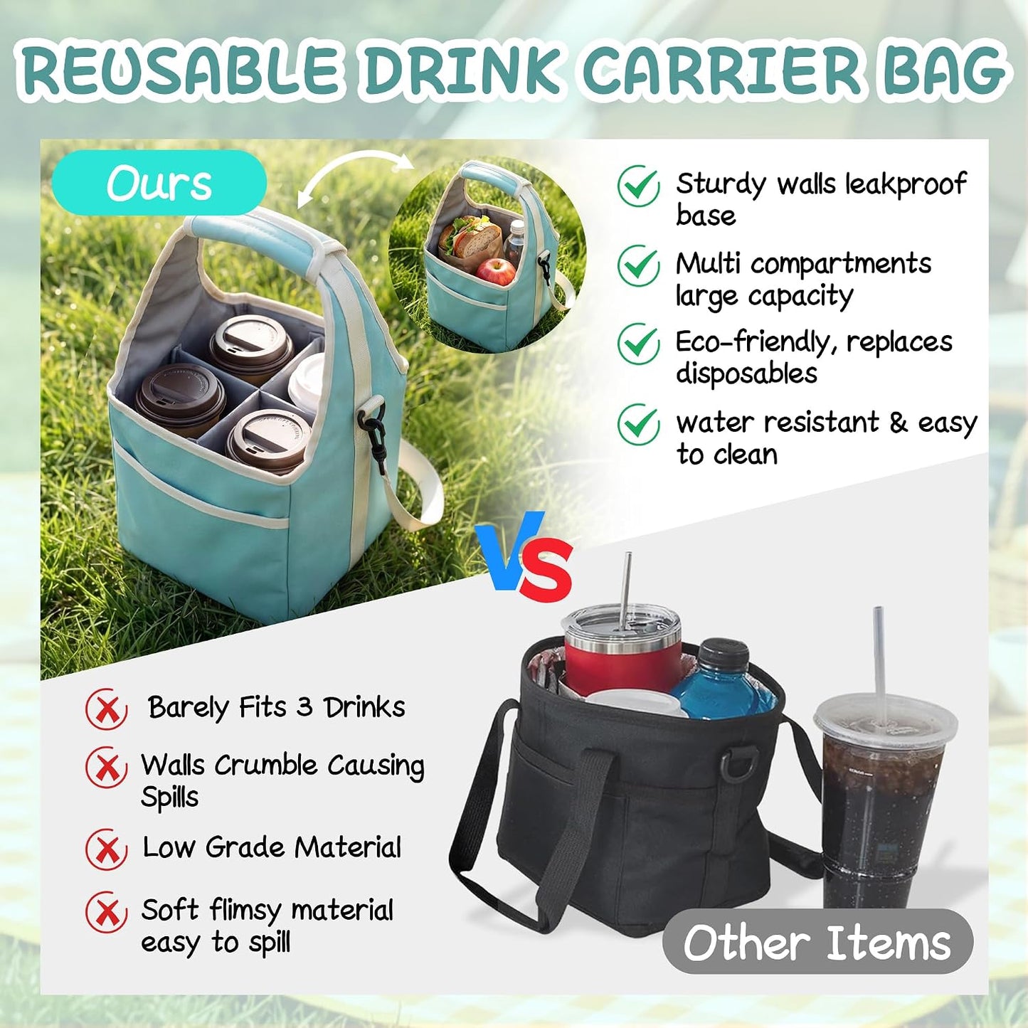 Reusable Drink Carrier Tote Bag with Handle Family Size 4 Compartment Water Bottle Holder with Adjustable Shoulder Strap & Removable Dividers Multiple Tumbler Caddy for Car,Delivery,Family Outings