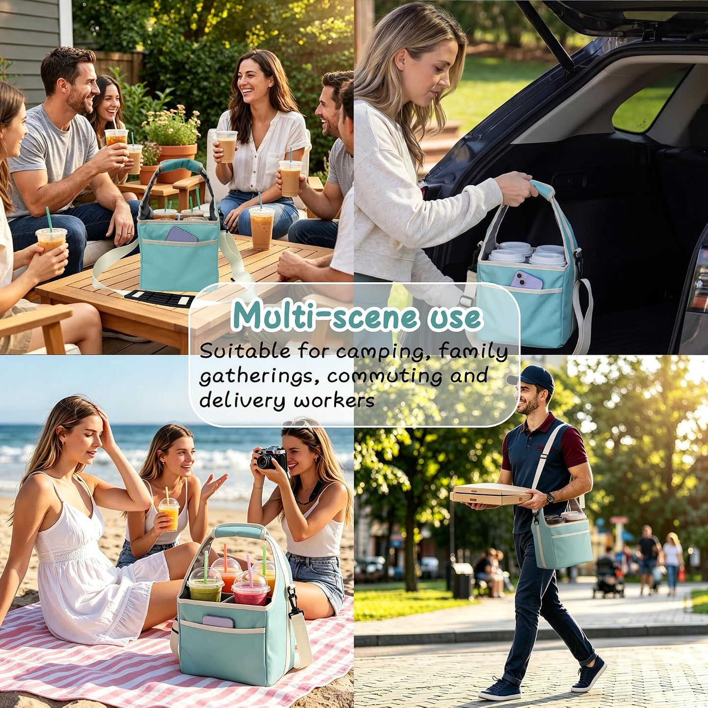 Reusable Drink Carrier Tote Bag with Handle Family Size 4 Compartment Water Bottle Holder with Adjustable Shoulder Strap & Removable Dividers Multiple Tumbler Caddy for Car,Delivery,Family Outings
