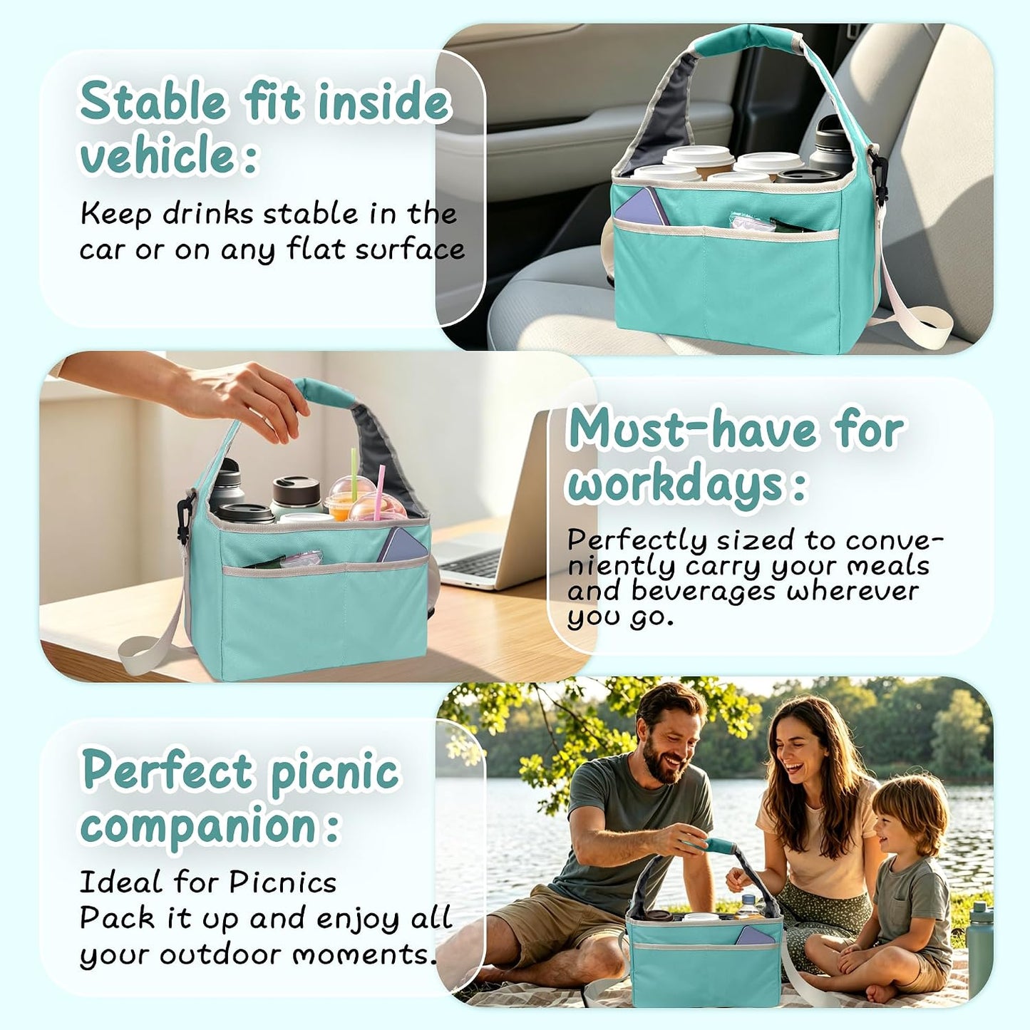Reusable Drink Carrier Tote Bag with Handle Family Size 4 Compartment Water Bottle Holder with Adjustable Shoulder Strap & Removable Dividers Multiple Tumbler Caddy for Car,Delivery,Family Outings