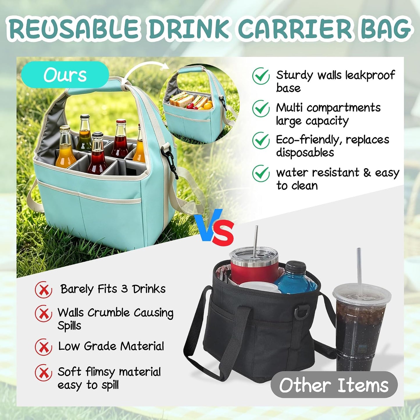 Reusable Drink Carrier Tote Bag with Handle Family Size 4 Compartment Water Bottle Holder with Adjustable Shoulder Strap & Removable Dividers Multiple Tumbler Caddy for Car,Delivery,Family Outings